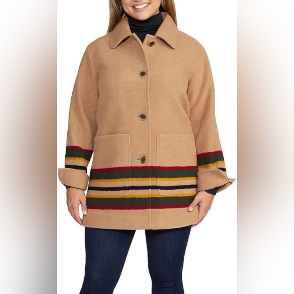 Pendleton Camel Tan Wool Peacoat with Red & Green Stripes